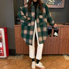 Bohemian Lapel Pockets Spring Shirts Green Plaid Top