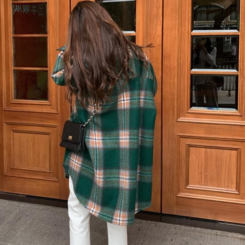 Bohemian Lapel Pockets Spring Shirts Green Plaid Top