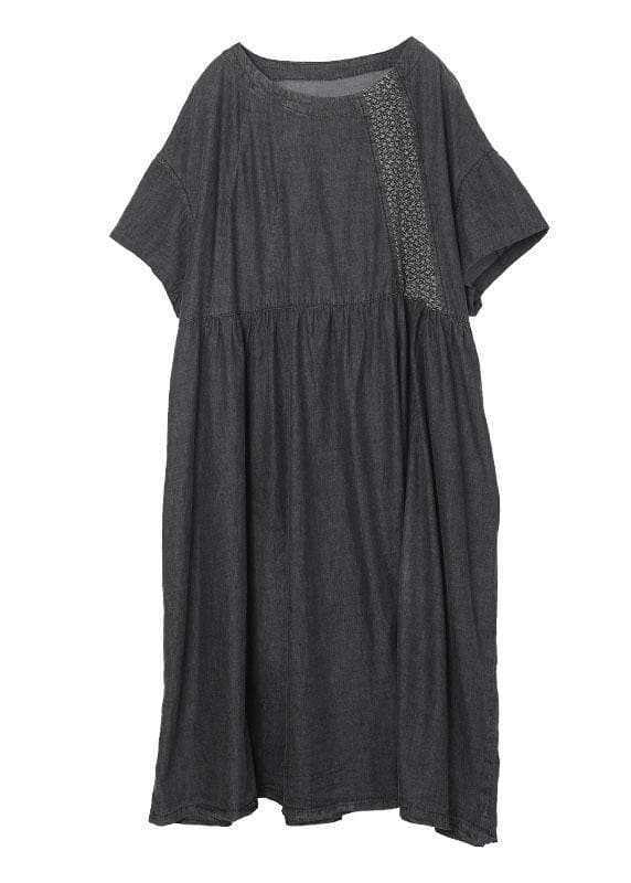 Boho Black Patchwork Cinched Denim Ankle Dress Summer