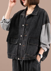 Boho Black Patchwork Pockets Fall Denim Jackets Long Sleeve