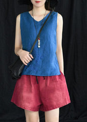 Boho Blue Embroideried Sleeveless Linen Shirt Tops Summer