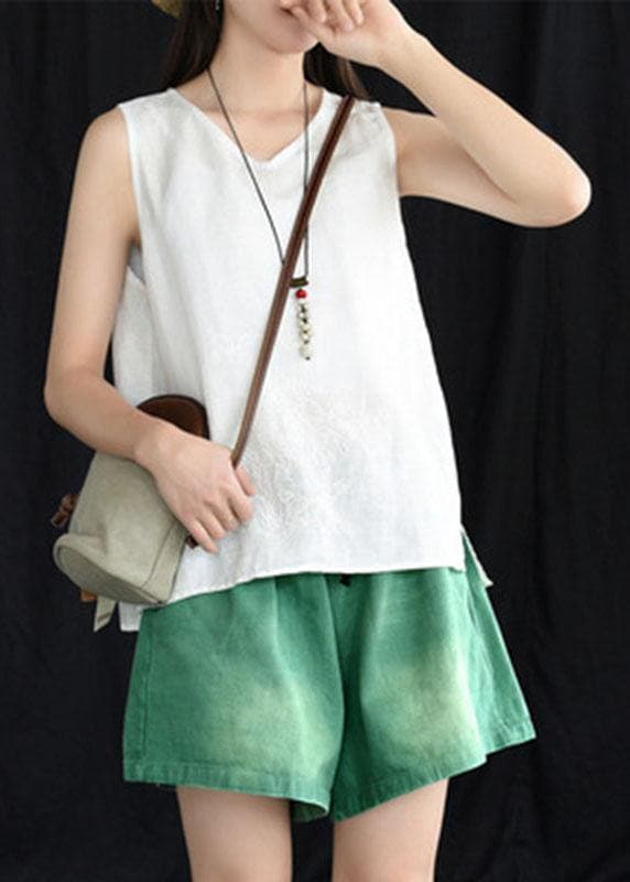 Boho Blue Embroideried Sleeveless Linen Shirt Tops Summer