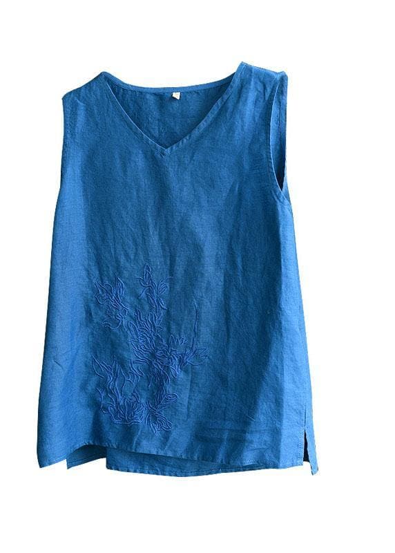 Boho Blue Embroideried Sleeveless Linen Shirt Tops Summer