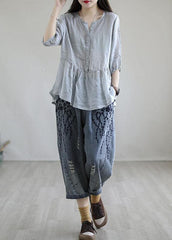 Boho Blue Embroideried Summer Denim Pants