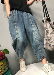 Boho Blue Plaid Patchwork denim Pants Spring