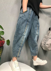 Boho Blue Plaid Patchwork denim Pants Spring