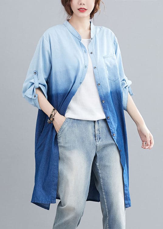 Boho Blue Pockets Button Gradient color Fall Denim Trench Long sleeve