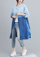 Boho Blue Pockets Button Gradient color Fall Denim Trench Long sleeve