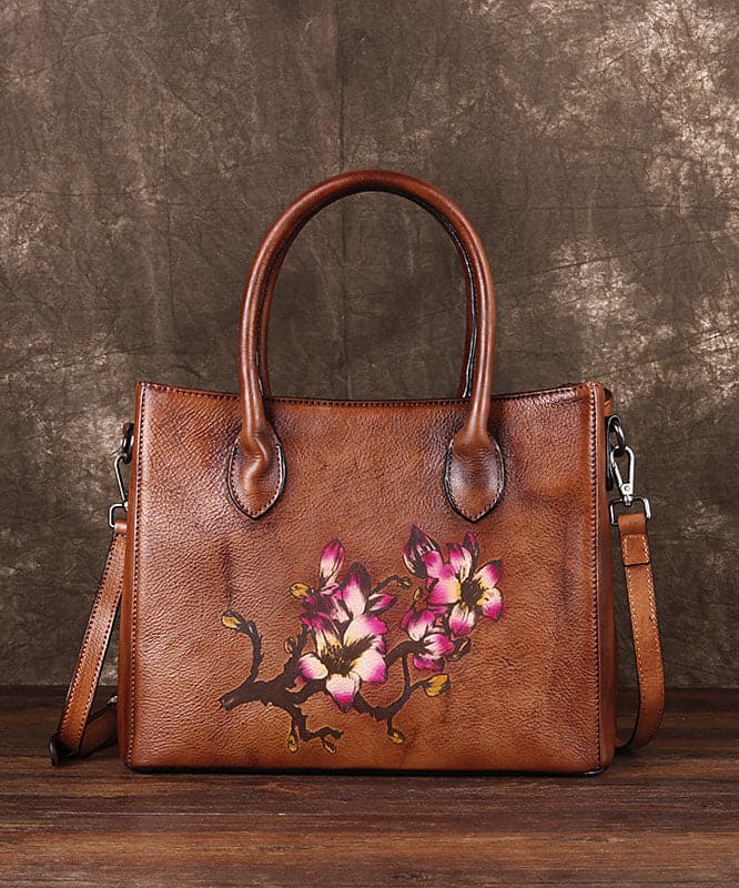 Boho Brown Print Paitings Calf Leather Satchel Handbag