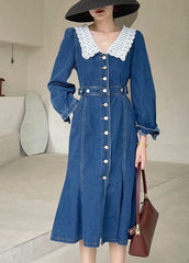 Robe en jean boutonnée coupe slim bleu foncé Boho Printemps