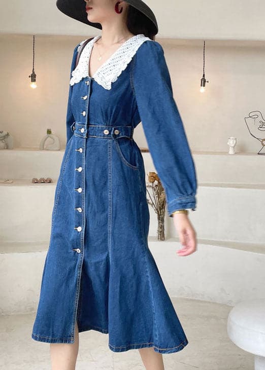 Robe en jean boutonnée coupe slim bleu foncé Boho Printemps