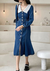 Robe en jean boutonnée coupe slim bleu foncé Boho Printemps