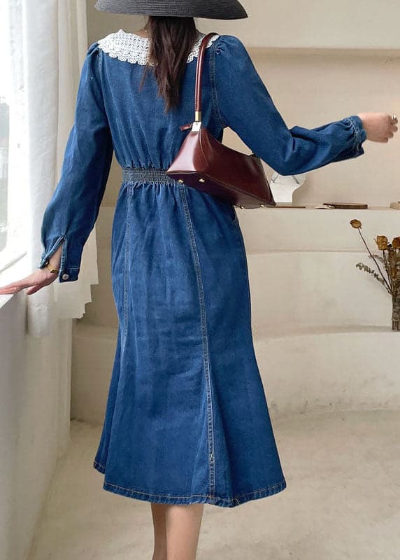 Robe en jean boutonnée coupe slim bleu foncé Boho Printemps