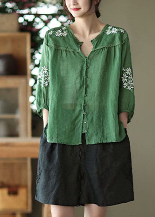 Boho Green V Neck Floral Embroideried Linen Top Bracelet Sleeve