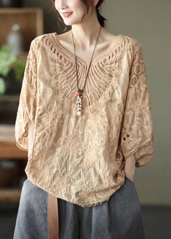 Boho Khaki Cotton V Neck Embroideried Hollow Out Summer Blouses