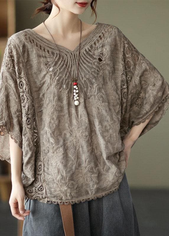 Boho Khaki Cotton V Neck Embroideried Hollow Out Summer Blouses