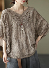 Boho Khaki Cotton V Neck Embroideried Hollow Out Summer Blouses