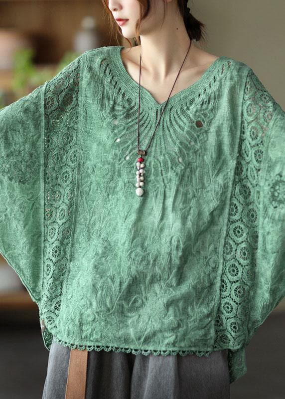 Boho Khaki Cotton V Neck Embroideried Hollow Out Summer Blouses