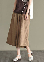 Boho Khaki Elastic Waist Oversized Pockets Linen Wide Leg Crop Pants Summer