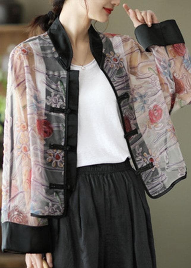 Boho Light Purple Print tulle organza Patchwork Oriental Coat Summer