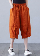 Boho Orange Elastic Waist Patchwork Pockets Solid Color Cotton Shorts Summer