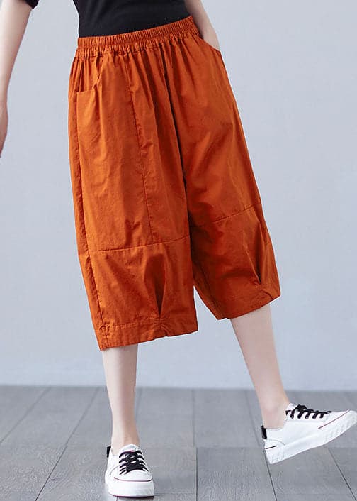 Boho Orange Elastic Waist Patchwork Pockets Solid Color Cotton Shorts Summer