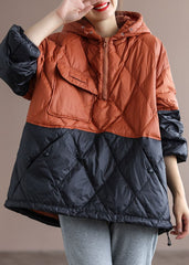 Boho Orange Patchwork Black hooded Loose Winter Down coat