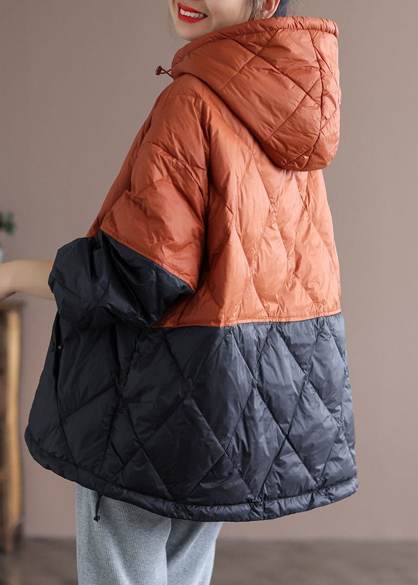 Boho Orange Patchwork Black hooded Loose Winter Down coat