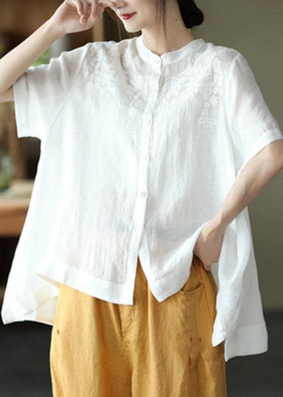 Boho Orange Summer Side Open Stand Collar Ramie Loose Short Sleeve