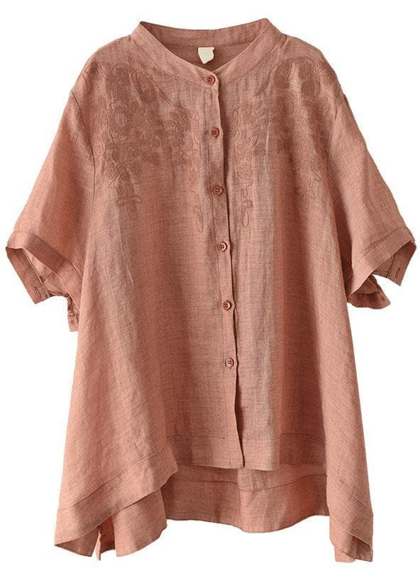 Boho Orange Summer Side Open Stand Collar Ramie Loose Short Sleeve