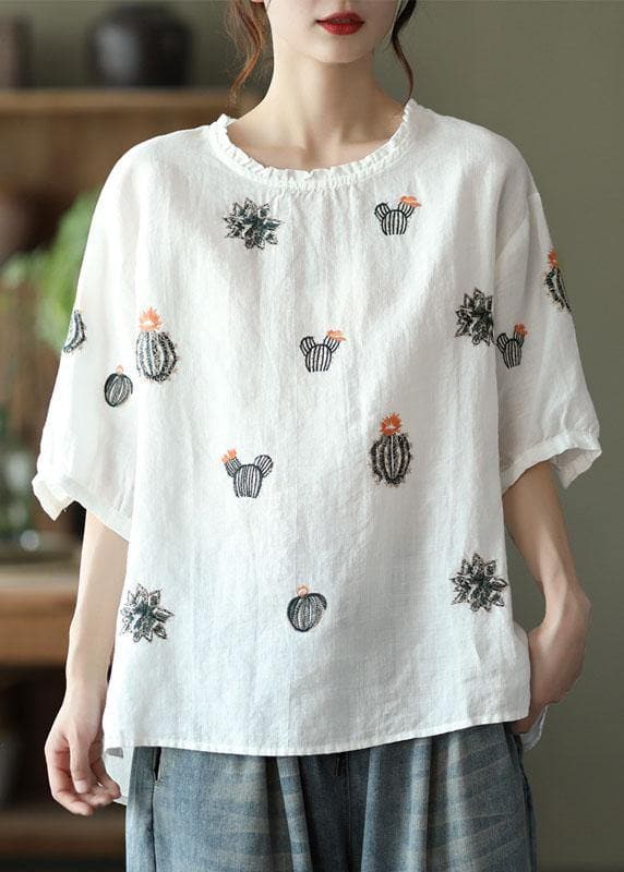 Boho White O-Neck Embroideried Summer Ramie Blouse Half Sleeve