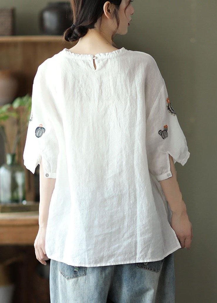 Boho White O-Neck Embroideried Summer Ramie Blouse Half Sleeve