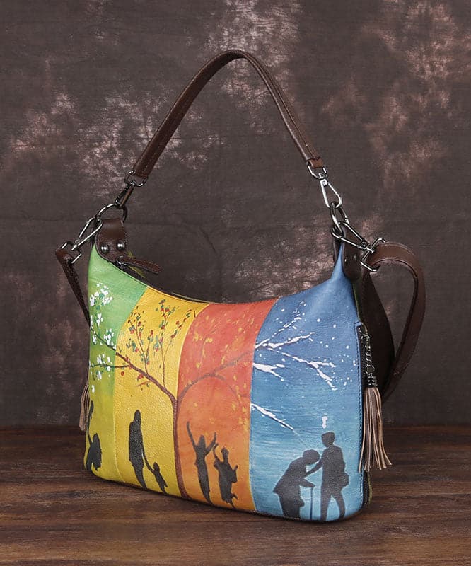 Boho Yellow character Paitings Calf Leather Tote Handbag