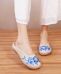 Boutique Beige Slide Sandals Embroideried Comfy Linen Fabric