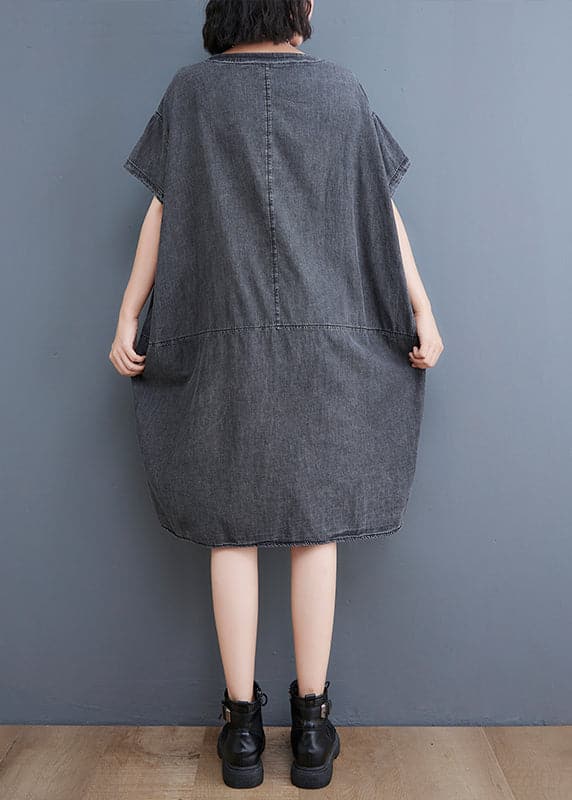 Boutique Black V Neck Patchwork low high design Denim Dresses Short Sleeve