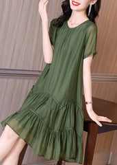 Boutique Blackish Green O-Neck Ruffles Cinched Vacation Dresses Short Sleeve