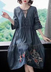 Boutique Blue V Neck Embroideried Cotton Holiday Denim Dress Half Sleeve