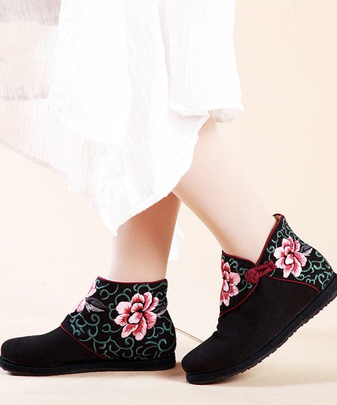 Boutique Buckle Strap Embroideried Comfy Ankle Boots Blue Cotton Fabric