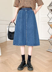 Boutique Denim Blue Solid Elastic Waist Side Open Cotton A Line Skirt Summer