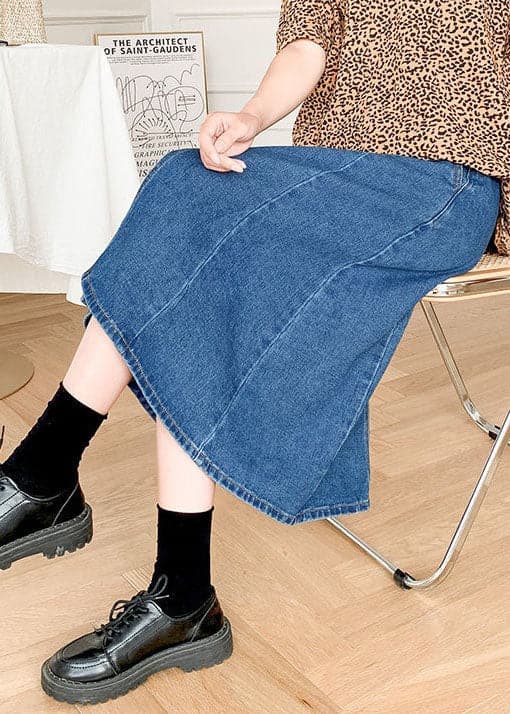 Boutique Denim Blue Solid Elastic Waist Side Open Cotton A Line Skirt Summer