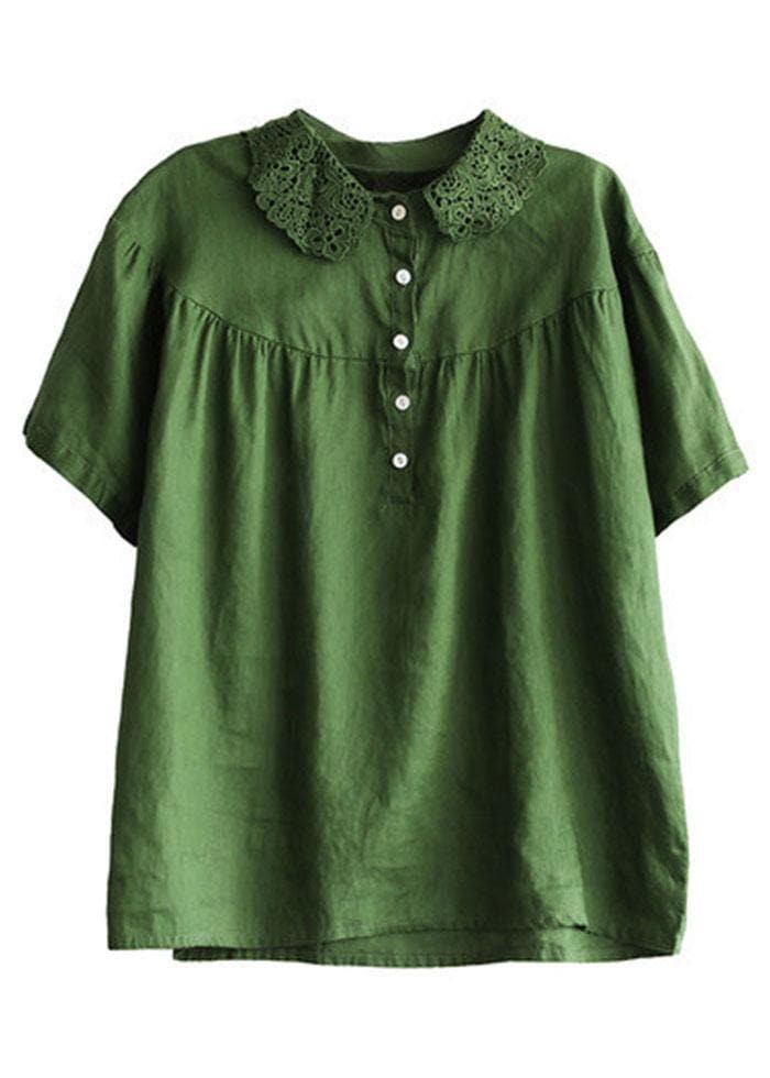 Boutique Green Peter Pan Collar Button Linen Summer Shirt Tops