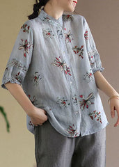 Boutique Grau Stehkragen Print Leinen Hemd Tops Halbe Ärmel