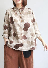 Boutique Khaki Peter Pan Collar Coffee Dot Print Linen Shirt Tops Long Sleeve