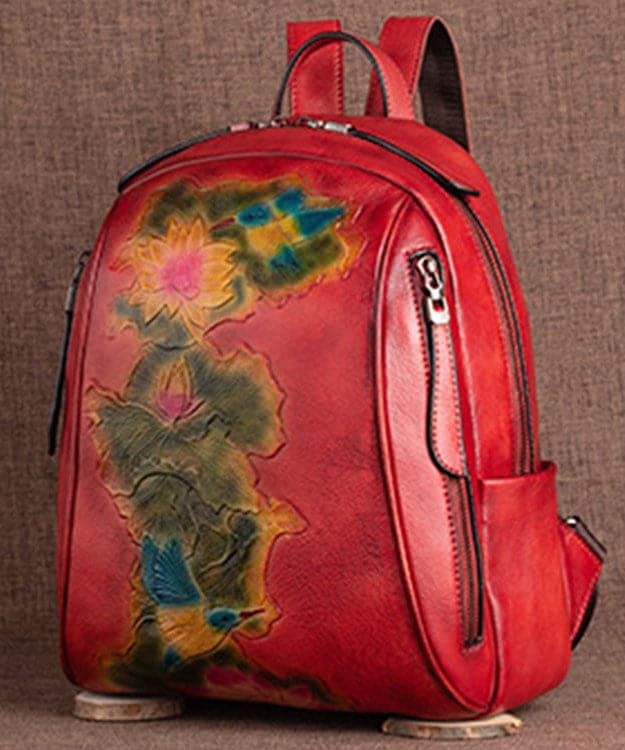 Boutique Red Lotus Paitings Calf Leather Backpack Bag