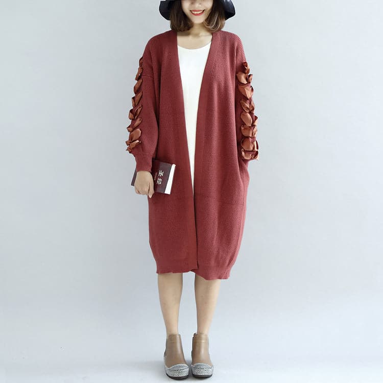 Brick red knit cardigans oversized sweater coats decorated sleeves