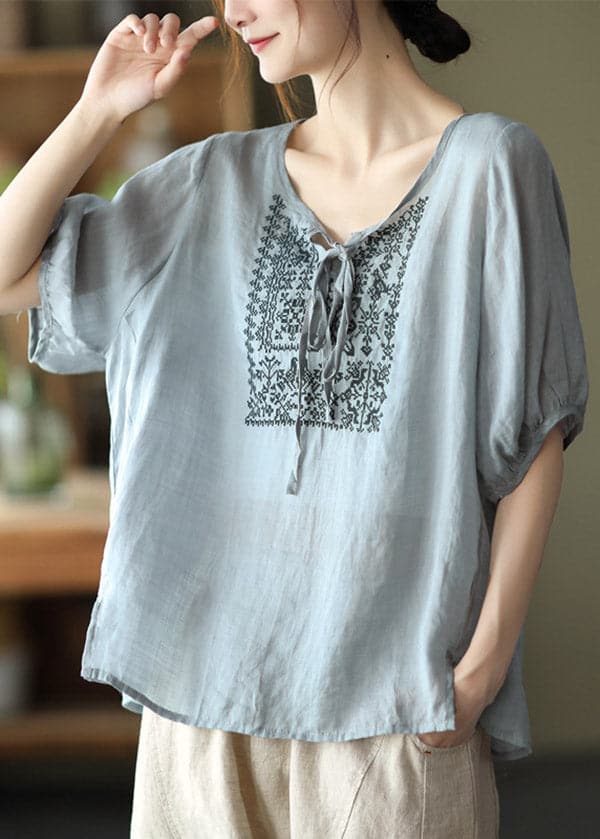 Brief Dusty Blue O-Neck Embroideried Lace up Linen Tops Half Sleeve