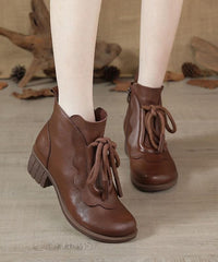 Brown Boots Chunky Cowhide Leather Fashion Lace Up Boots