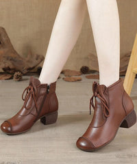 Brown Chunky Cowhide Leather Simple Splicing Ankle boots