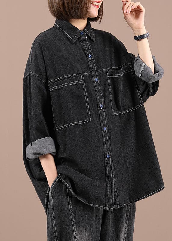 Manteau décontracté à manches longues en denim noir ample et décontracté pour l'automne