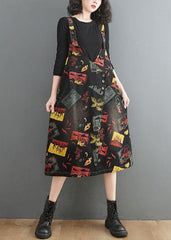 Casual Black V Neck Asymmetrical Button Print Strap Denim Dress Summer